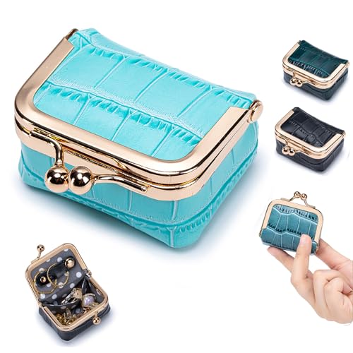 Genuine Leather Mini Jewelry Box & Coin Purse for Women, Travel Jewelry Case with Kiss Lock, Holds Earrings, Rings, Necklace, Bracelet, Coins (Storm Blue Crocdile Pattern) - color: Storm Blue - 2.5in - Crocodile Pattern