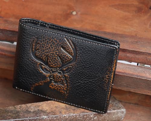 DK86 Wallet for Men Slim Rfid Bifold Genuine Leather 2 ID Window With Gift Box (black brown with deer) - color: black brown with deer