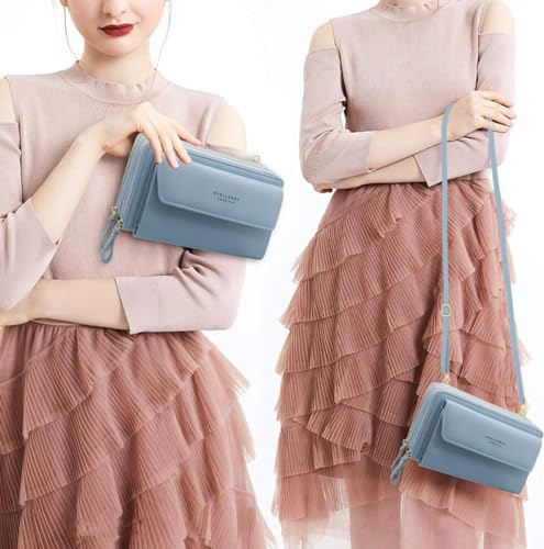 Women Leather Wallet Crossbody Shoulder Bag with Double Zipper and Mobile Phone Purse with Shoulder Strap - color: 109-blue