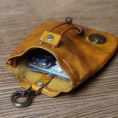 Medieval Drawstring Change Purse, Genuine Leather Key Ring Purse Coin Organizer Drawstring Gift Bag Jewelry Storage Bag Mini Multifunction Wallet for Men Women (Yellow) - color: Yellow