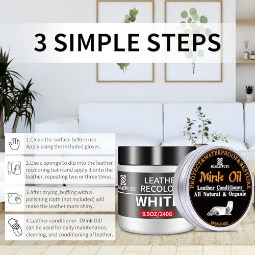 SHADAIWUYU 8.5oz Leather Recoloring Balm with 100ml Mink Oil,White Leather Repair kit for Furniture and Car Interior,Leather Couch Scratch Repair,Leather Dye Paint,Mink Oil for Leather - color: White, size: Leather Recoloring Balm+Mink Oil