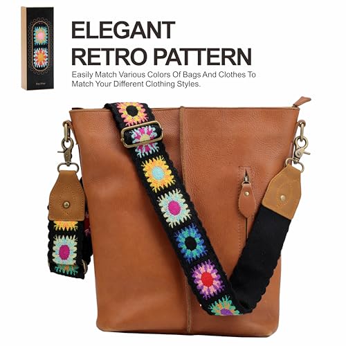 Nefelibata Purse Strap-2" Crazy Horse Leather Wide Shoulder Strap Adjustable Replacement,Retro knit Embroidery Multi-pattern Crossbody Bag Straps for Handbag,Crossbody Bags(Black Knit Embroidery) - color: Black Knit Embroidery