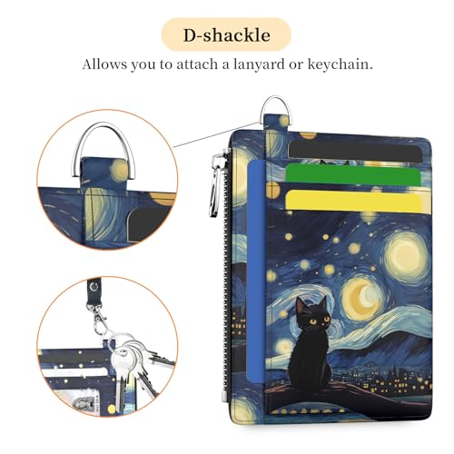 Hancynir Black Cat Slim Wallet Women Credit Card Holder, RFID Small Cute | Zipper Pocket Wallet, Thin Travel Coin Purse, Ladies Women Gifts, Minimalist Card Case, 6 Card Slots, ID Window, PU Leather - color: Black Cat Starry Night