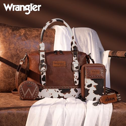 Wrangler 3Pcs Doctor Bag Sets for Women Top-handle Satchel Bag with Cell Phone Handbag and Coin Purse - color: Brown Cow Print