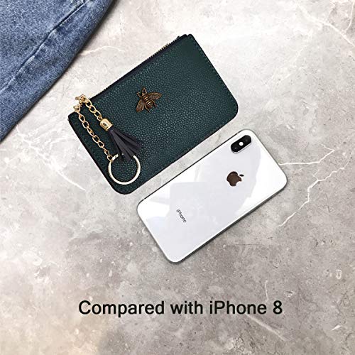 Women's Coin Purse Change Wallet Pouch Leather Card Holder with Key Chain Tassel Zip (Dark Green) - color: Dark Green