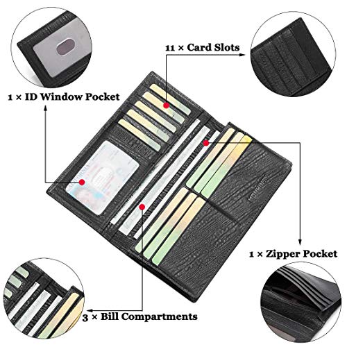 Men's Genuine Leather Multi-Card Long Bifold Wallet For Checkbook Black