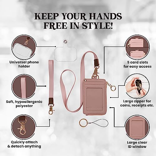 MONDO DESIGNS 2-in-1 ID Badge Holder with Lanyard - Multi-Use Lanyard Keychain Wallet for Women, Small Keychain Wristlet Wallet with Strap & Lanyards for ID Badges, Phone & Card Holder - Nude Pink - color: Nude Pink