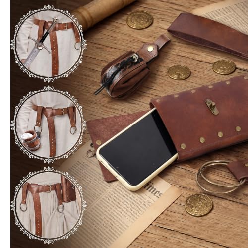 7PCS Renaissance Accessories Set | Including Medieval Belt with Belt Pouch, Coin Pouch, Leather Bracers & O-Ring Hangers for Halloween, LARP, Viking & Cosplay - color: Brown