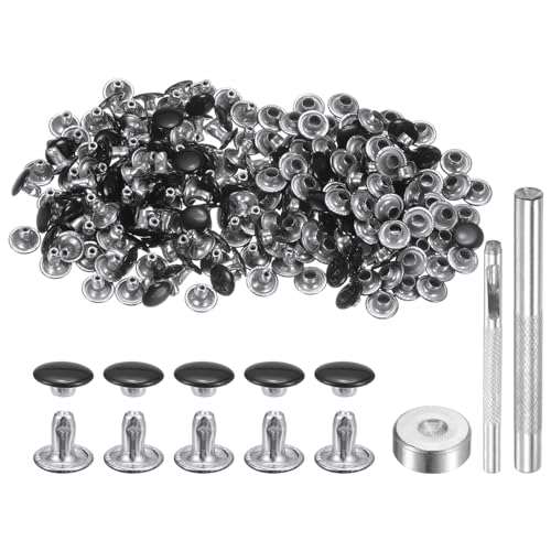 HARFINGTON 100 Sets 8mm x 6mm Metal Double Cap Leather Rivets Snaps Studs Fasteners with 3pcs Setting Tools for Leather Craft DIY Repair Decoration, Brilliant Black - color: Brilliant Black, size: 8mm x 6mm