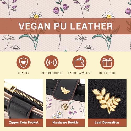 YINHEXI Women’s Wallet, Compact and Small Bifold PU Leather Card Holder, Mini Purse with Coin Pocket for Ladies, Girls (Floral Black) - color: Floral Black