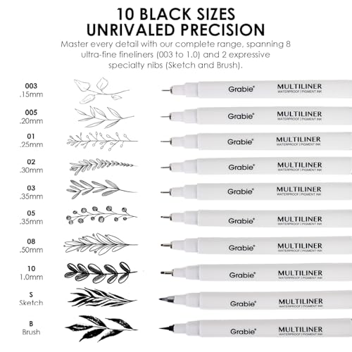 Grabie Micro Fineliner Pens, Set of 20 Multicolor Waterproof Drawing Pens | Waterproof Pigment Ink, Assorted Tip Sizes, Precision Fine Lines, Metal-Clad Nibs, Smooth Ink Flow, Smudge Resistant - color: 20-Multicolor