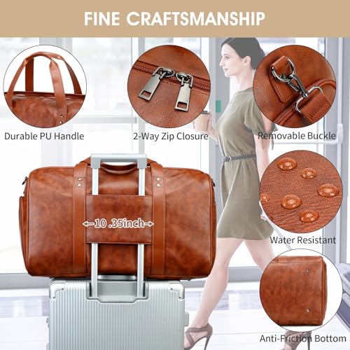 3PCS Faux Leather Weekender Bag for Women Men Travel Bag Overnight Bags | Leather Travel Duffel Bags for Traveling with Shoe Compartment Toiletry Packing Cube Carry On Tote Bag Men Fit 21.5" Laptop - color: Dark Brown