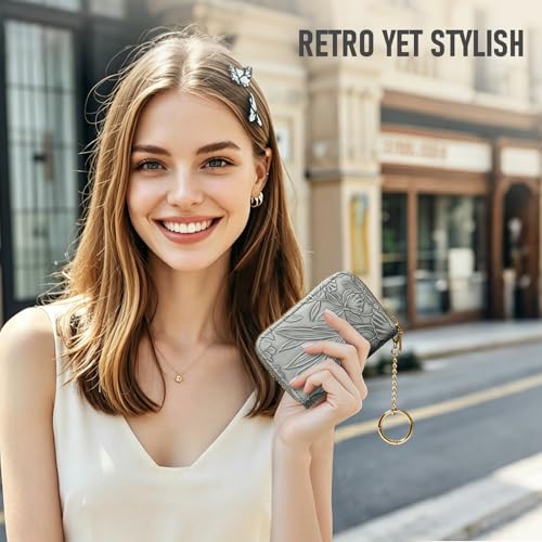 credit card holder for women，Embossed leather Rfid wallet women， KeyChain Wallet - color: Grey