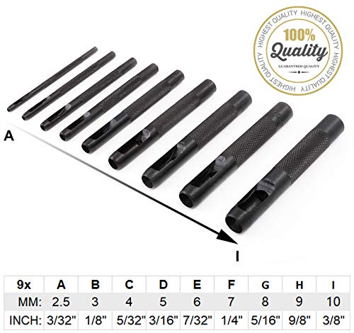 Spurtar Hollow Punch Set 9 Pieces 2.5-10.0mm Leather Punch Set Kit (Black) | Heavy Duty Carbon Steel Round Leather Hole Tool for Watch Cloth Belt Gaskets with Storage Bag