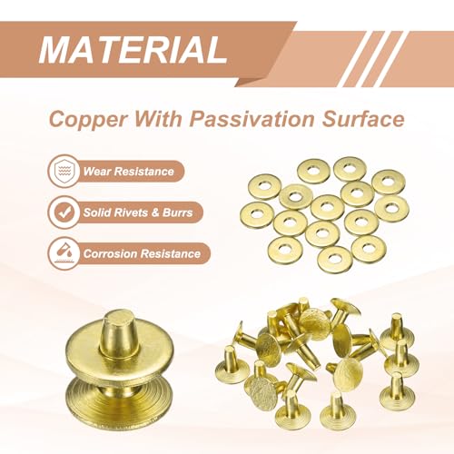 HARFINGTON 15Set Brass Rivets and Burrs Washers 9x3.3x7mm Dimpled Finish Solid Leather Rivet Fastener Studs Posts for Leather DIY Craft Belts Wallets Collars, Gold Yellow - color: Gold Yellow, size: 9x3.3x7mm