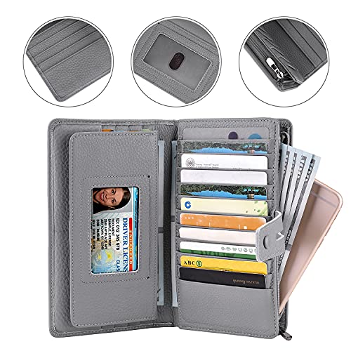 Itslife Womens Wallet,Large Capacity RFID Blocking Leather Wallets Credit Cards Organizer Ladies Wallet with Checkbook Holder - color: Grey blue
