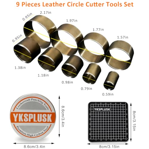 Leather Circle Cutter Tool Set, 9 Pieces Circle Punch Tools 15 20 25 30 35 40 45 50 55mm, High Carbon Steel Round Cutting Dies - Leather Hole Punch Tool Kit for DIY Leathercrafts - style: 9 Pcs Circle