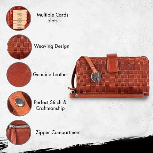 Genuine Leather Wallets for Women, Zipper Coin Purse | Small Wallet, Credit Card Holder with Strap, Woven Oil & Wax Leather Wristlet with YKK Zipper, VL-158-COGNAC, Cognac - color: Cognac
