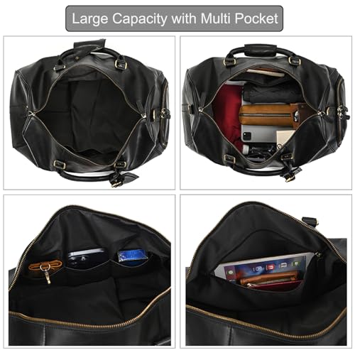 Genuine Leather Travel Bag for Men Large Capacity Luggage Duffel Bag with Shoe Compartment, Shoulder Handbag for Holiday Business Trip Outdoor - color: 52cm-Black