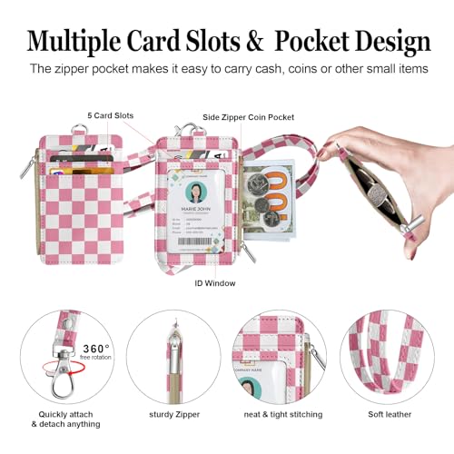 bolimoss ID Badge Holder with Lanyard Wallet for Women Cute Small Card Wallet with Removable Neck Lanyard Side Zipper Pocket Slim Pink Checkered Plaid Leather Credit Card Holder - color: Pink White Checkerboard