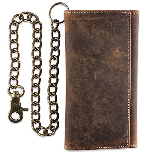 F&L CLASSIC Chain Wallets for Men buffalo premium leather RFID blocking long style Tri-fold for Trucker, bikers, vintage look,buff hunter White stitching,212 - color: buffalo vintage leather W/ White stitching