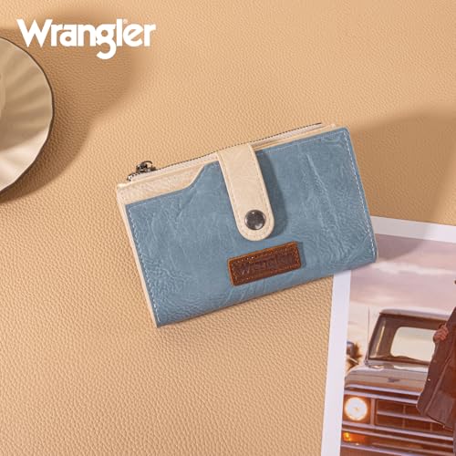 Wrangler Wallet for Women Bifold Card Holder with Zipper and ID Window - color: Tan-Jeans Blue