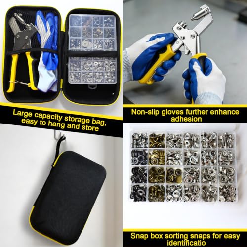 Fesorsi Heavy Duty Snap Fastener Tool, 100 Sets 15mm Metal Fasteners Buttons with Gloves, Storage Bag & Snap Box, Snap Button Kit for Boat Cover, Canvas, Leather, Tarps, Sewing & DIY Crafts
