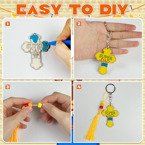 Cinrobiye 24 Set Religious Father’s Day Craft Kits, DIY Wooden Keychain Making Set with Paint Pens, Beads & Tassels, Bulk Christian Craft Activity Kit for Sunday School, Church VBS & Party Favors - style: Dad 2