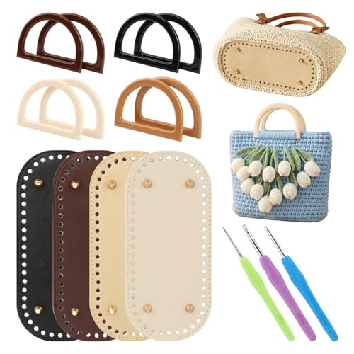4+8 PCS Bag Bases for Crochet with D Shape Purse Handles for Bag Making, 3 PCS Crochet Hooks, 4 Colors PU Leather Purse Bottom, Long Oval with Holes for DIY Crochet Bag