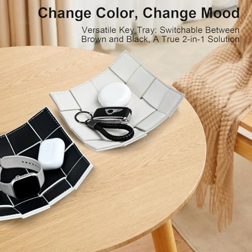 PU Leather Valet Tray for Men Women Key Holder Bowl for Entryway Table Bedside Nightstand Desk Tray for Wallet, Keys Men's Gift - Small, 7.1" D x 7.1" W x 2" H - color: Small White