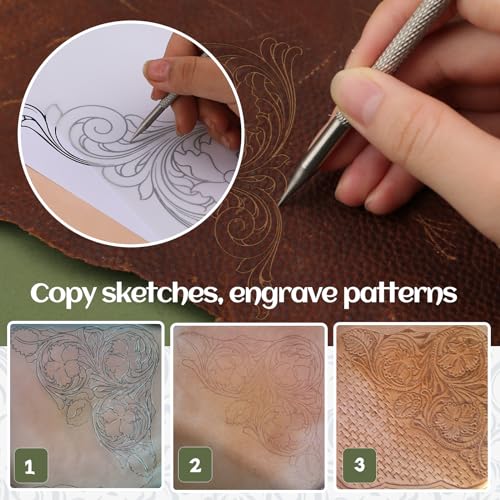 QMNNMA Leather Scriber Pen, Leather Positioning Pen | Steel Picker Pen with Carving Pattern Description Paper, Leather Tooling Patterns, Leather Marking Tool for DIY Crafts