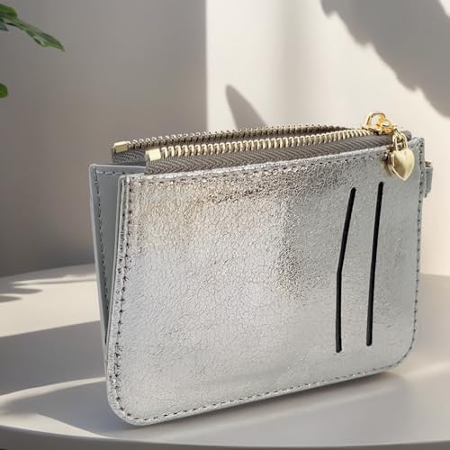 M-Plateau Key Chain Wallet for Women, Slim Credit Card Holder | Grey Mini Purse with ID Window, Zipper Pocket, Metal Key Ring & Detachable Wrist Strap - color: Grey