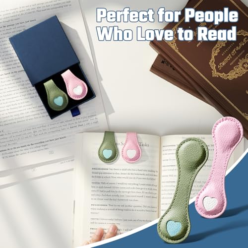 Ovesmusl 2Pcs PU Leather Heart Magnetic Bookmarks with Pen Holder | Pink and green set with double-sided magnets, gift box included, for books, notebooks, magazines, readers and teachers - style: Heart (Pink+Green)