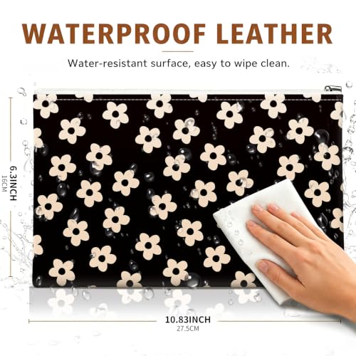 Money Bag with Zipper, Cute PU Leather Cash Bags, Portable Bank Bag Money Pouch for Cash, Coins, Checks, Receipts, Invoices Cosmetics Tools, Deposit Bag for Office Travel, Black Daisy - color: Black Daisy