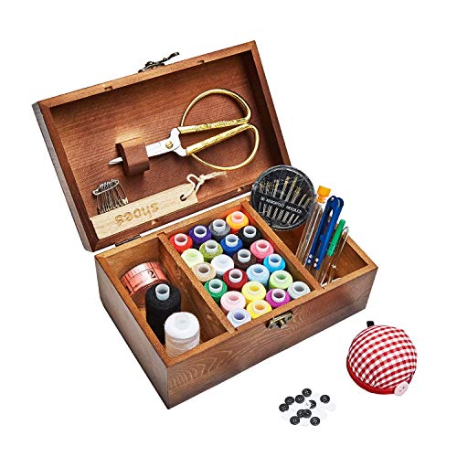 Wooden Sewing Kit, Home Hand Sewing Repair Embroidery Tool Storage Box, Beginners Sewing Kit Accessories Organizer (Retro Brown)