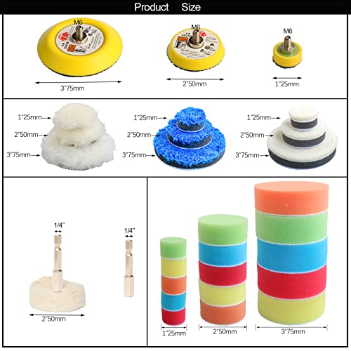 30pcs Drill Polishing Kit Car Detail Buffing Wheel with M6 Thread Backing Plate & 1/4” Hexagonal Shank,Car Sanding Polishing Waxing Pad for Drill and Mini Air Sander