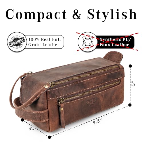 Premium Handmade Leather Toiletry Bags for Men and Women, Genuine Leather Dopp Kit and Shaving Bag for Men, Travel Cosmetic Bag for Women's and Men's, Zipper Pocket, Chocolate - color: Chocolate Brown (Large)