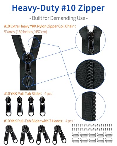 Zipper Repair Kit for YKK #10 Heavy Duty Nylon Zipper Chain 5 Yards | 8 Pull-Tab Sliders (4 Long Pull & 4 Double Pull), Stops, For Outdoor Gear Repair, DIY, Boat Covers, Camping Gear - color: 10#-9 Pcs