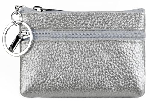 Women's Leather Tiny Small Coin Purse Pouch with Keychain, Mini Card Holder Case for Men (Silver) - color: Silver