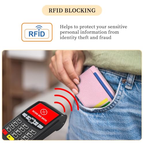 Hancynir Minimalist Slim Wallet Women Credit Card Holder, RFID Small Cute | Zipper Pocket Wallet, Thin Travel Coin Purse, Ladies Women Gifts, Key Chain Card Case, 6 Card Slots, ID Window, PU Leather - color: 01-Lichee PK Bling Wallet