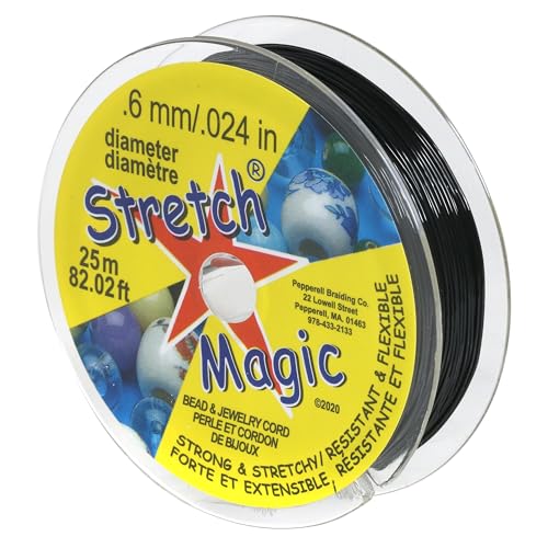 Stretch Magic Elastic Beading Cord – Black Color, 0.6mm in Diameter, 25-Meter (82 ft) - Easy to Knot, Strong & Stretchy String for Making Beaded Jewelry - size: 0.6 mm, style: Black - 25 Meter