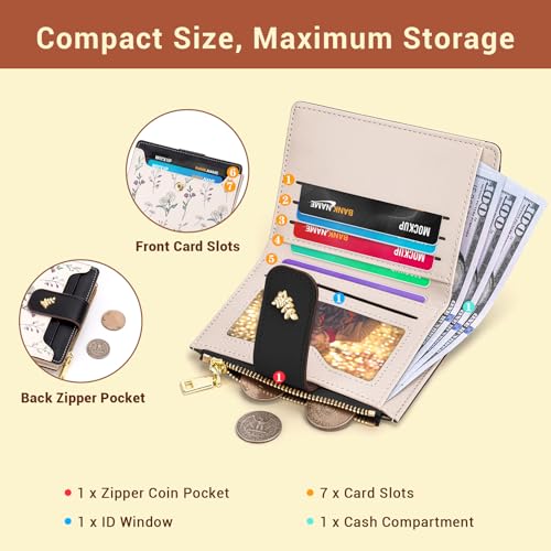 YINHEXI Women’s Wallet, Compact and Small Bifold PU Leather Card Holder, Mini Purse with Coin Pocket for Ladies, Girls (Floral Black) - color: Floral Black