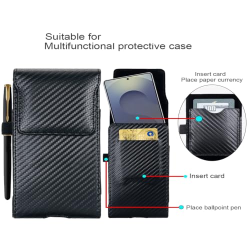 Holster Pouch for Galaxy Z Fold 8 with Belt Clip & Card Holder, Luxury Carbon Fiber Leather Vertical Holster Case (Black)