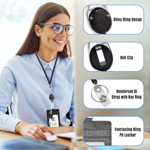 Retractable ID Badge Holder with Lanyard, Belt Clip Key Ring, Pen Holder - color: Black