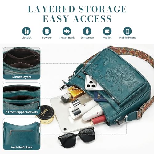 Crossbody Bags for Women, Medium Vegan Leather Purses | Large Capacity Multi-Pocket Embossed Shoulder Bag with Boho Strap for Daily Travel - color: Peacock Blue