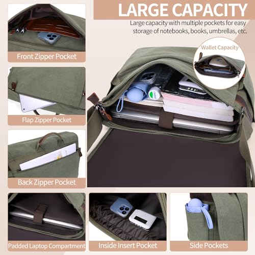 Nerlion Messenger Bag for Men 17-17.3 Inch Laptop Bag Canvas Water-resistant Computer Bag Shoulder Bag Work Briefcase Bookbag for College (Green) - color: Green