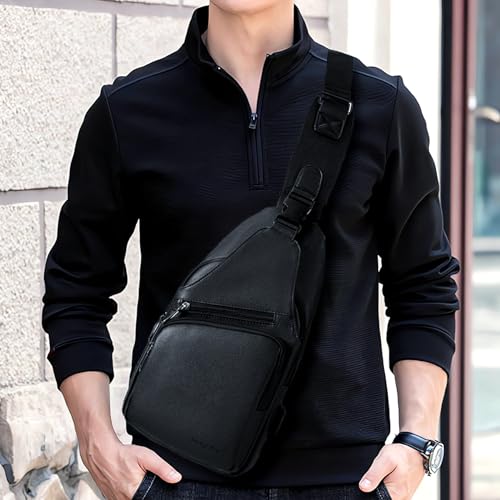 Seoky Rop Men Leather Sling Bag Purse Waterproof Crossbody Chest Bag Sling Backpack with USB Charging Port One Shoulder Bag Black - color: Black