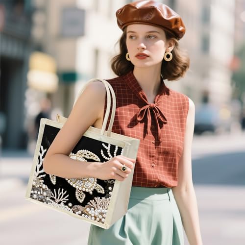 Xylzzuit DIY Pearl Painting Canvas Tote Bag Kit 11.42IN Diamond Art Handbag for Women Shopping Grocery Bag Dots Beads Art Craft Gift (Turtle) - color: Turtle