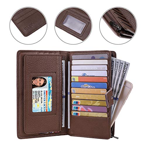Itslife Womens Wallet,Large Capacity RFID Blocking Leather Wallets Credit Cards Organizer Ladies Wallet with Checkbook Holder - color: Coffee
