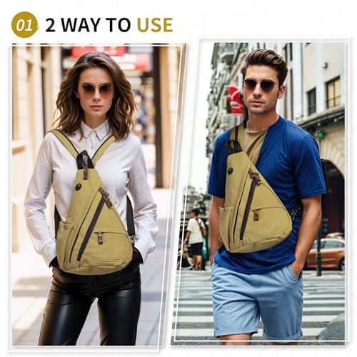 Canvas Sling Bag with Leather Zipper 3-in-1 Crossbody Backpack | Vintage Canvas Sling Bag for Women Men Convertible Cross Body Bag Multiple Zipper Pockets for Travel Daily Use - color: Khaki